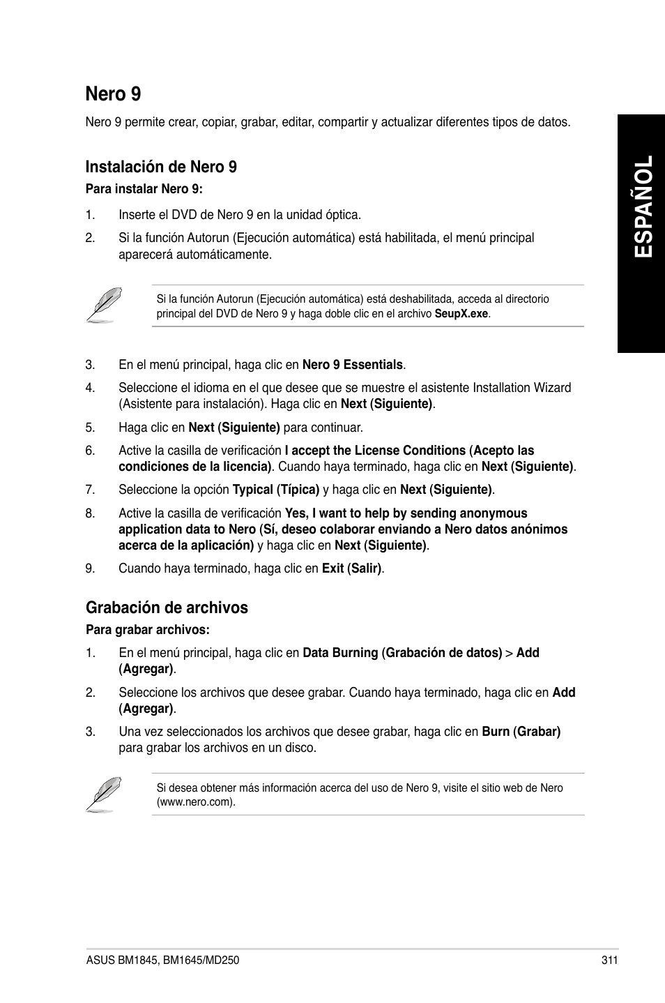 Nero 9, Es pa ño l es pa ño l | Asus BM1845 User Manual | Page 313 / 644