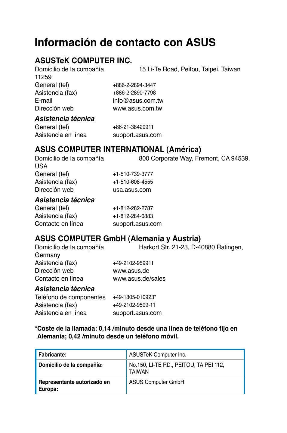 Información de contacto con asus, Asustek computer inc, Asus computer international (américa) | Asus computer gmbh (alemania y austria) | Asus BM1845 User Manual | Page 324 / 644