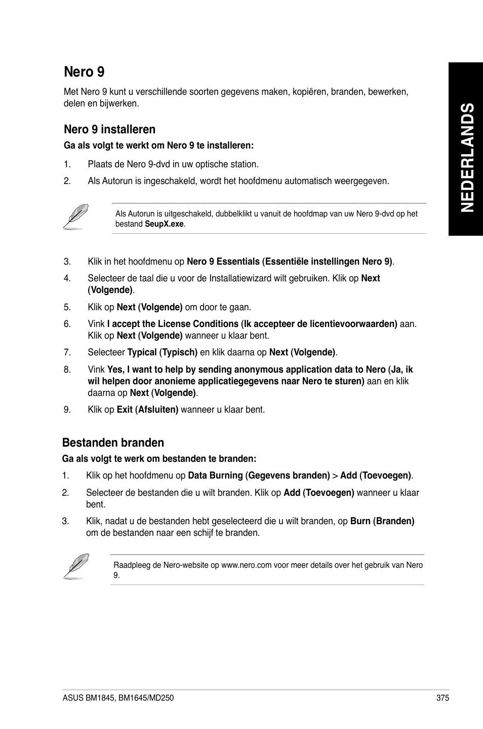 Nero 9, Ne de rl an ds ne de rl an ds | Asus BM1845 User Manual | Page 377 / 644