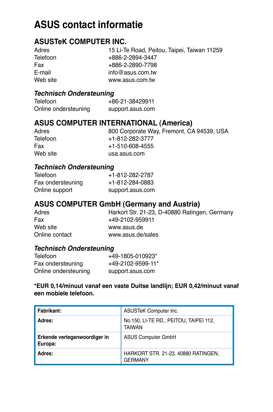 Asus contact informatie, Asustek computer inc, Asus computer international (america) | Asus computer gmbh (germany and austria) | Asus BM1845 User Manual | Page 388 / 644