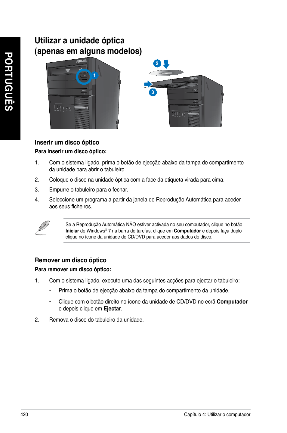 Utilizar a unidade óptica | Asus BM1845 User Manual | Page 422 / 644