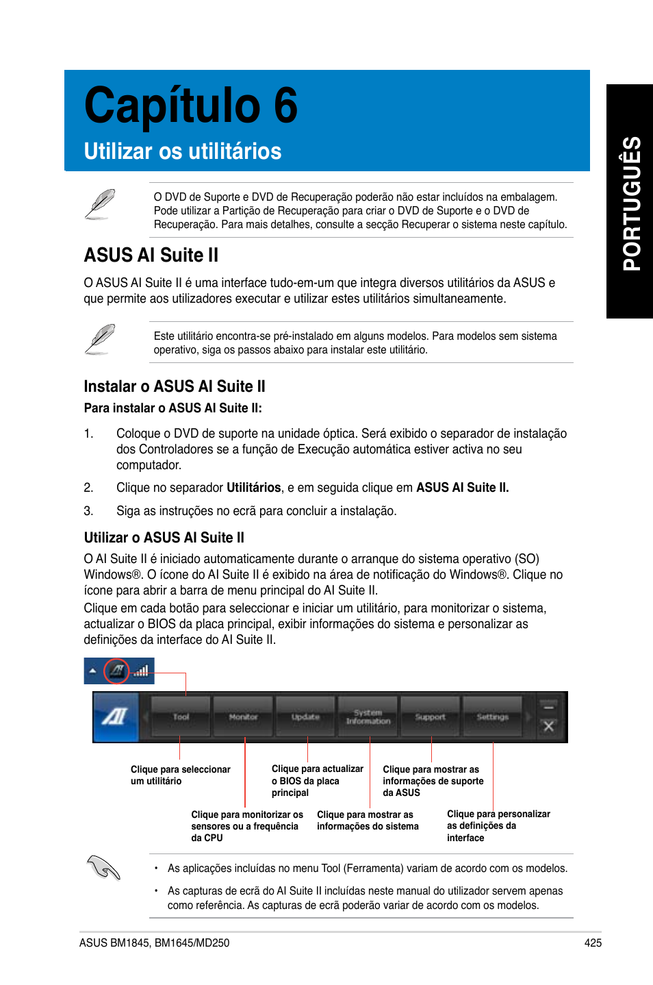 Capítulo 6, Utilizar os utilitários, Asus ai suite ii | Po rt ug uê s po rt ug uê s | Asus BM1845 User Manual | Page 427 / 644