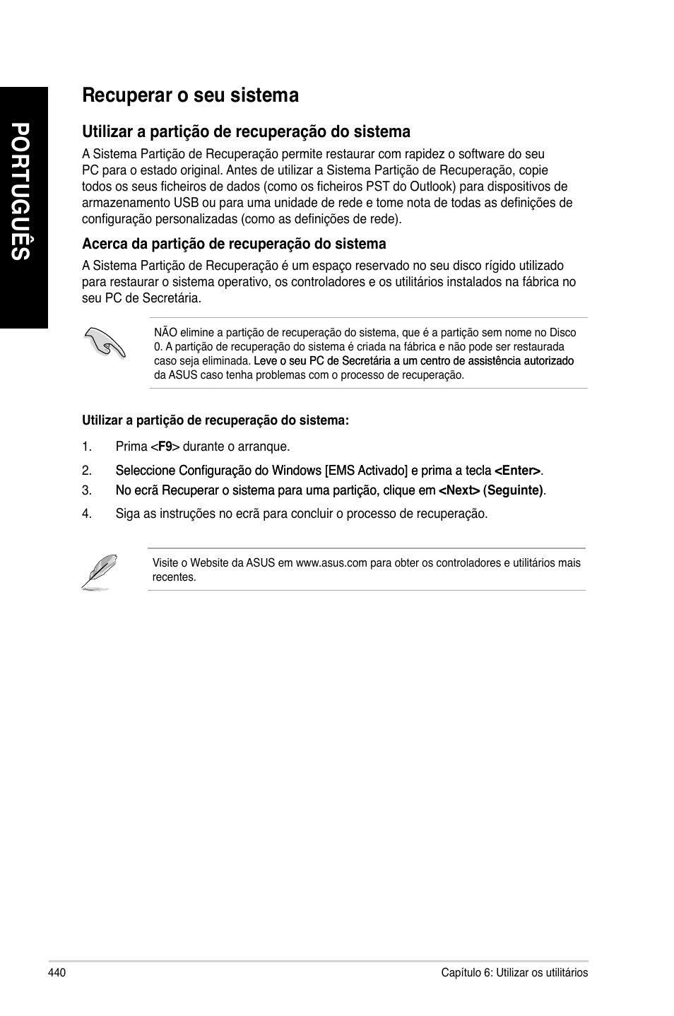 Recuperar o seu sistema | Asus BM1845 User Manual | Page 442 / 644