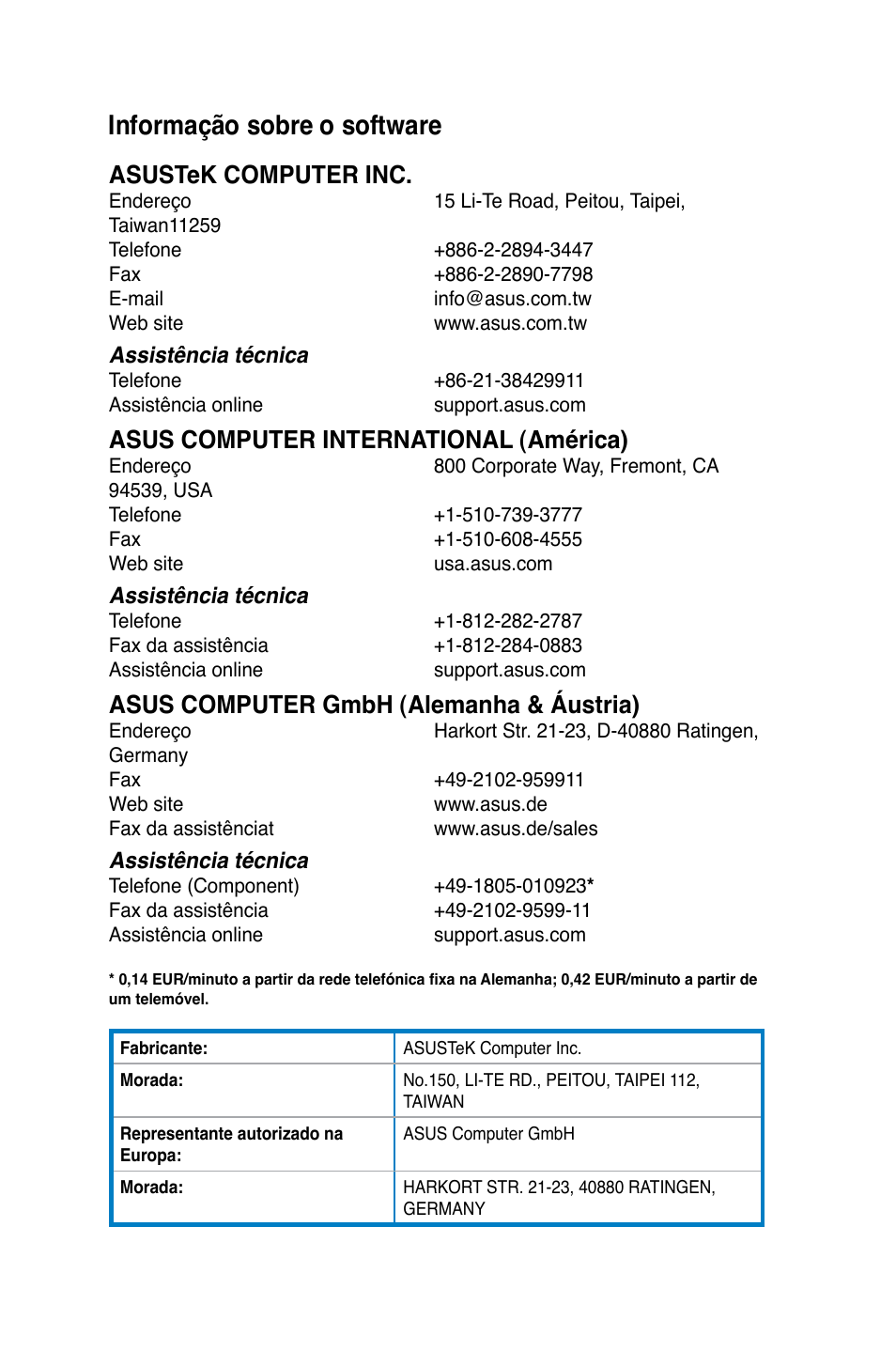 Informação sobre o software, Asustek computer inc, Asus computer international (américa) | Asus computer gmbh (alemanha & áustria) | Asus BM1845 User Manual | Page 452 / 644