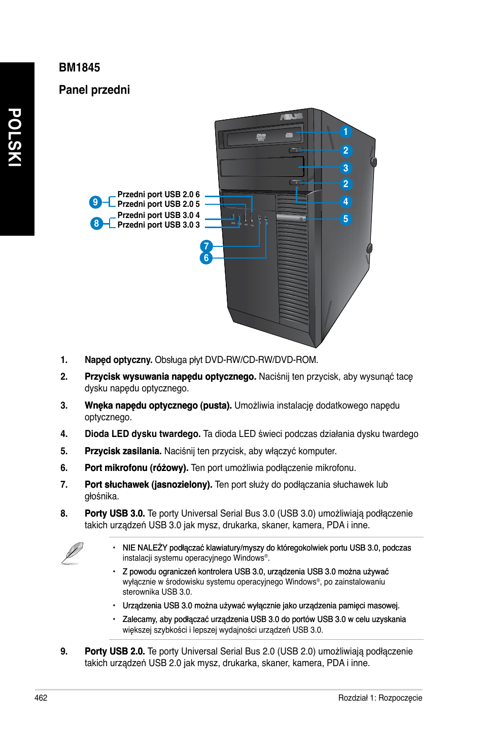 Po ls ki po ls ki po ls ki po ls ki, Panel przedni, Bm1845 | Asus BM1845 User Manual | Page 464 / 644