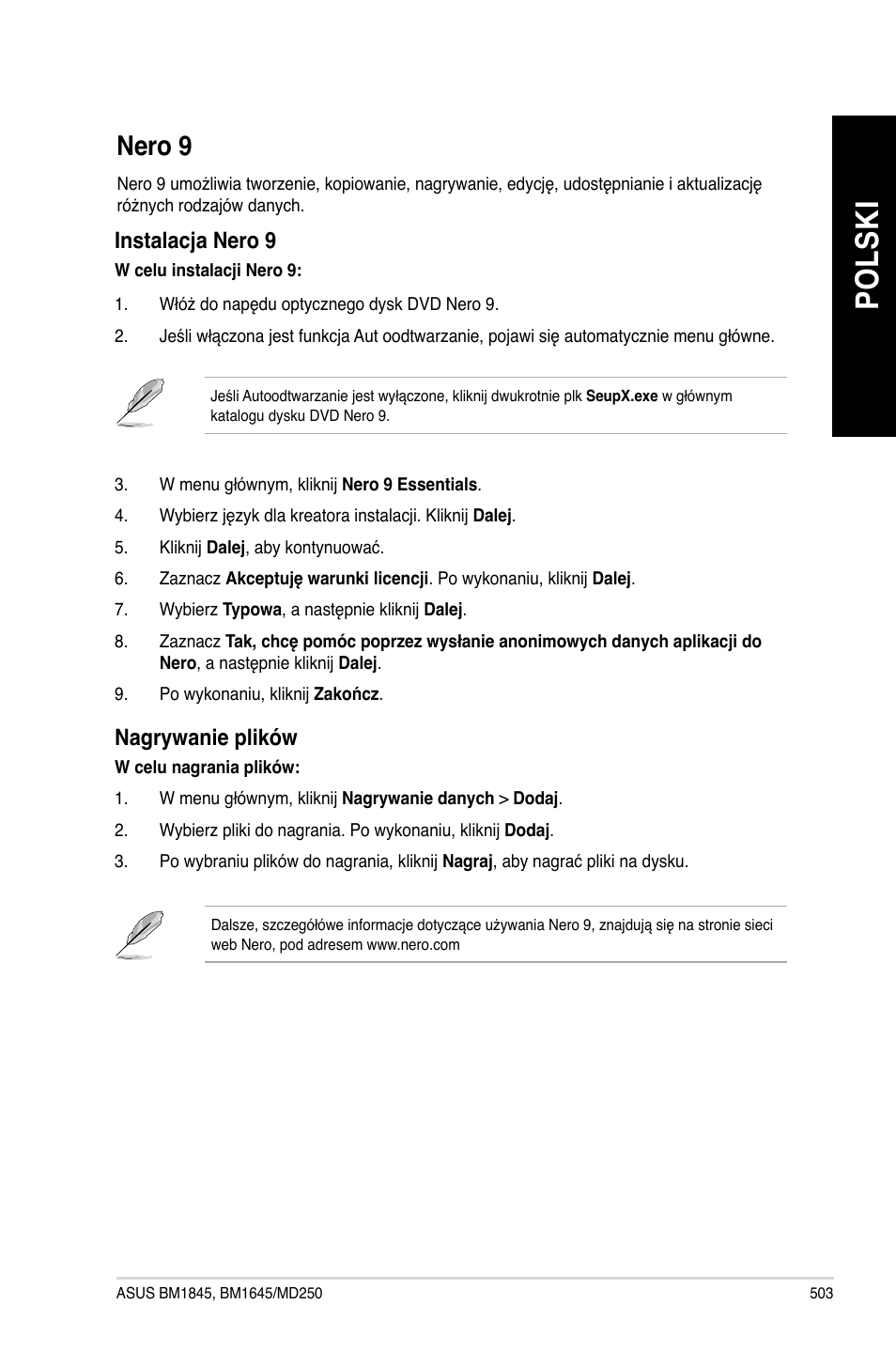 Nero 9, Po ls ki po ls ki | Asus BM1845 User Manual | Page 505 / 644