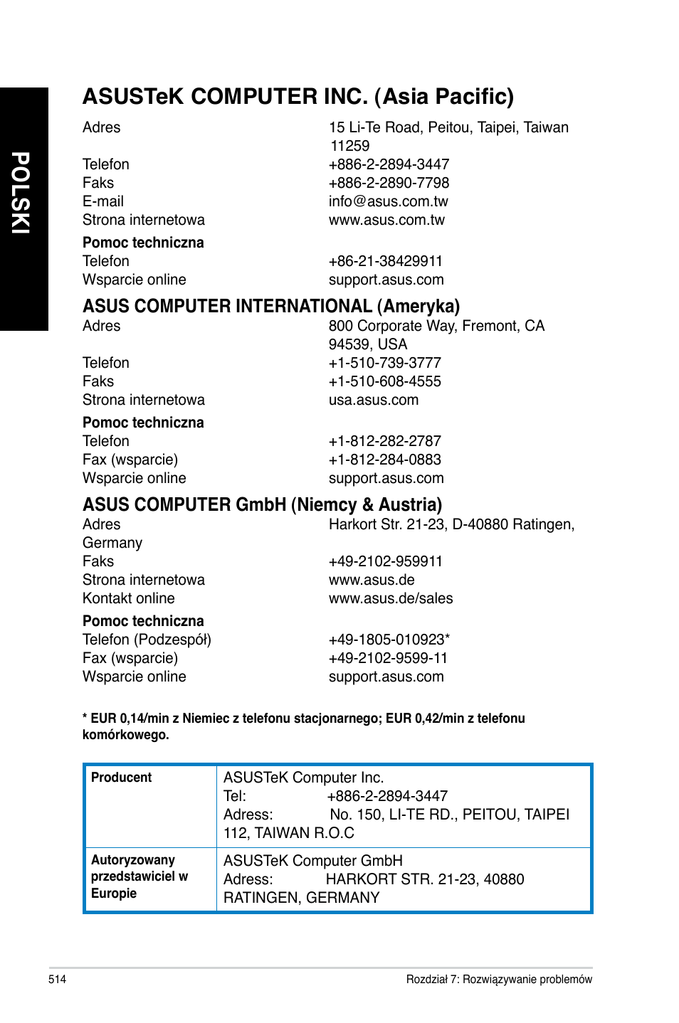 Po ls ki po ls ki, A���tek comp�ter inc. �a�ia pacific, Asus computer international (ameryka) | Asus computer gmbh (niemcy & austria) | Asus BM1845 User Manual | Page 516 / 644