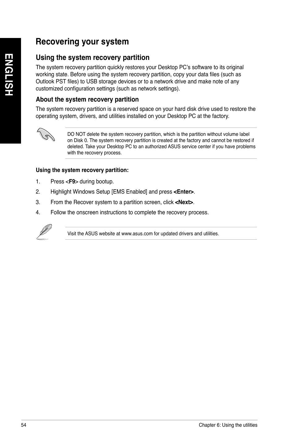 Recovering your system, En gl is h en gl is h en gl is h en gl is h, Recovering.your.system | Asus BM1845 User Manual | Page 56 / 644