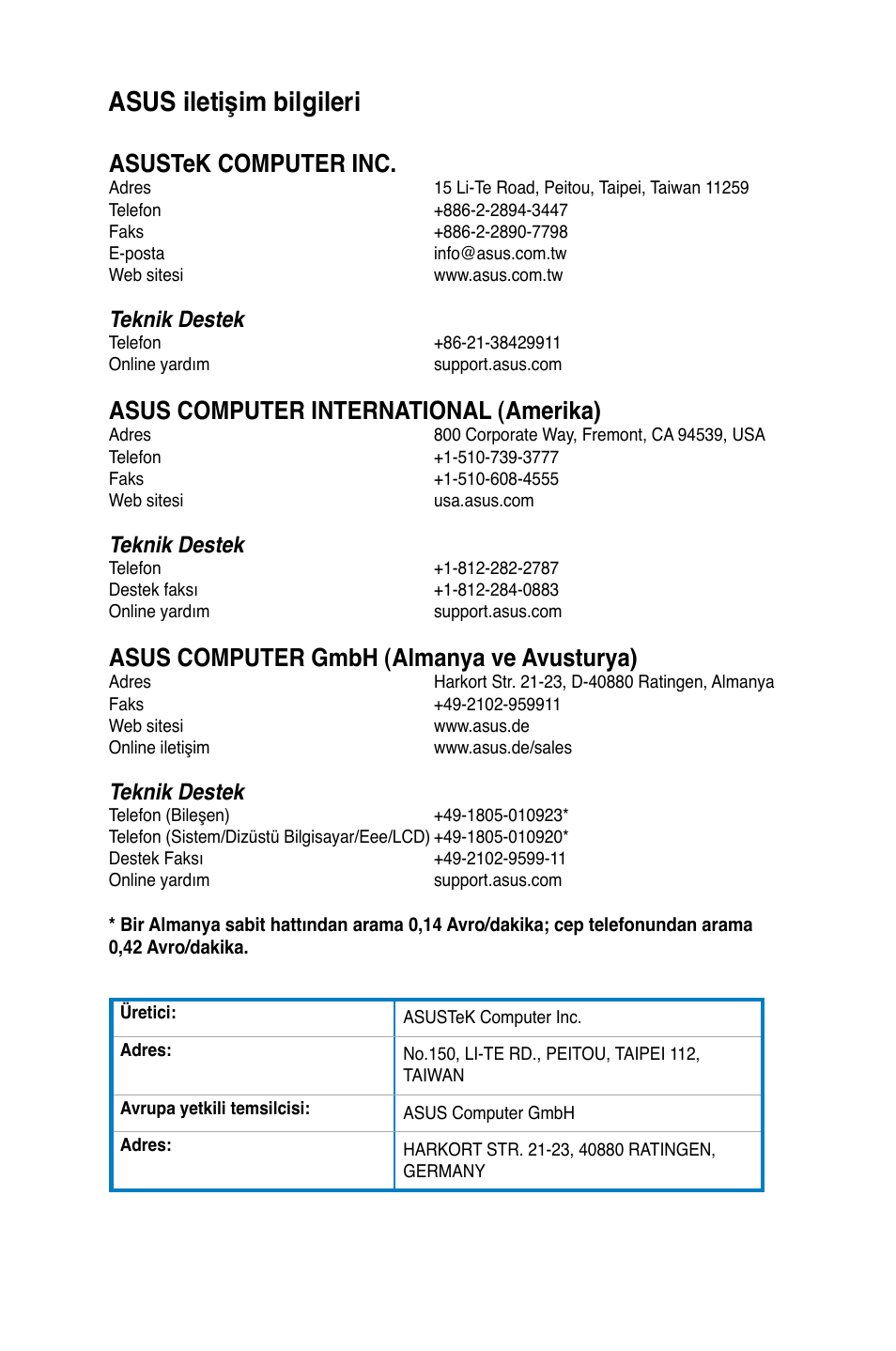 Asus iletişim bilgileri, Asustek computer inc, Asus computer international �amerika | Asus computer gmbh �almanya ve avusturya, Teknik destek | Asus BM1845 User Manual | Page 580 / 644