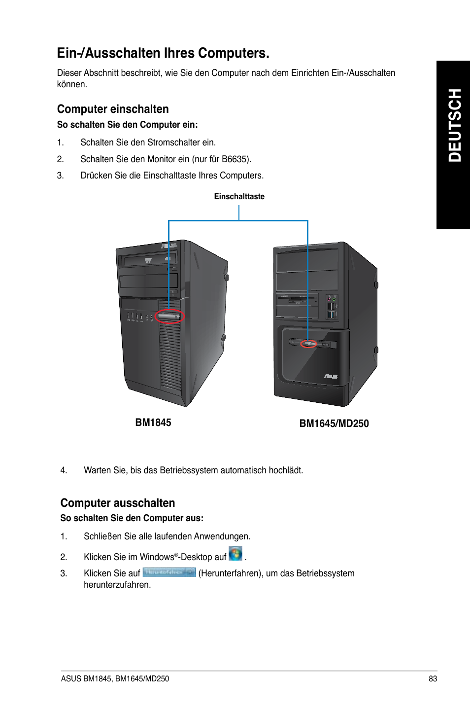 Ein-/ausschalten ihres computers, De ut sc h de ut sc h | Asus BM1845 User Manual | Page 85 / 644