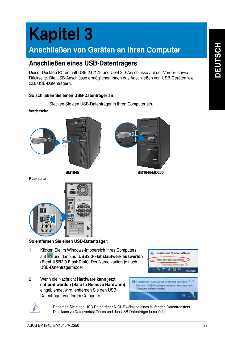 Kapitel 3, Anschließen von geräten an ihren computer, Anschließen eines usb-datenträgers | Kapitel.3, Anschließen.von.geräten.an.ihren.computer, De ut sc h de ut sc h | Asus BM1845 User Manual | Page 95 / 644