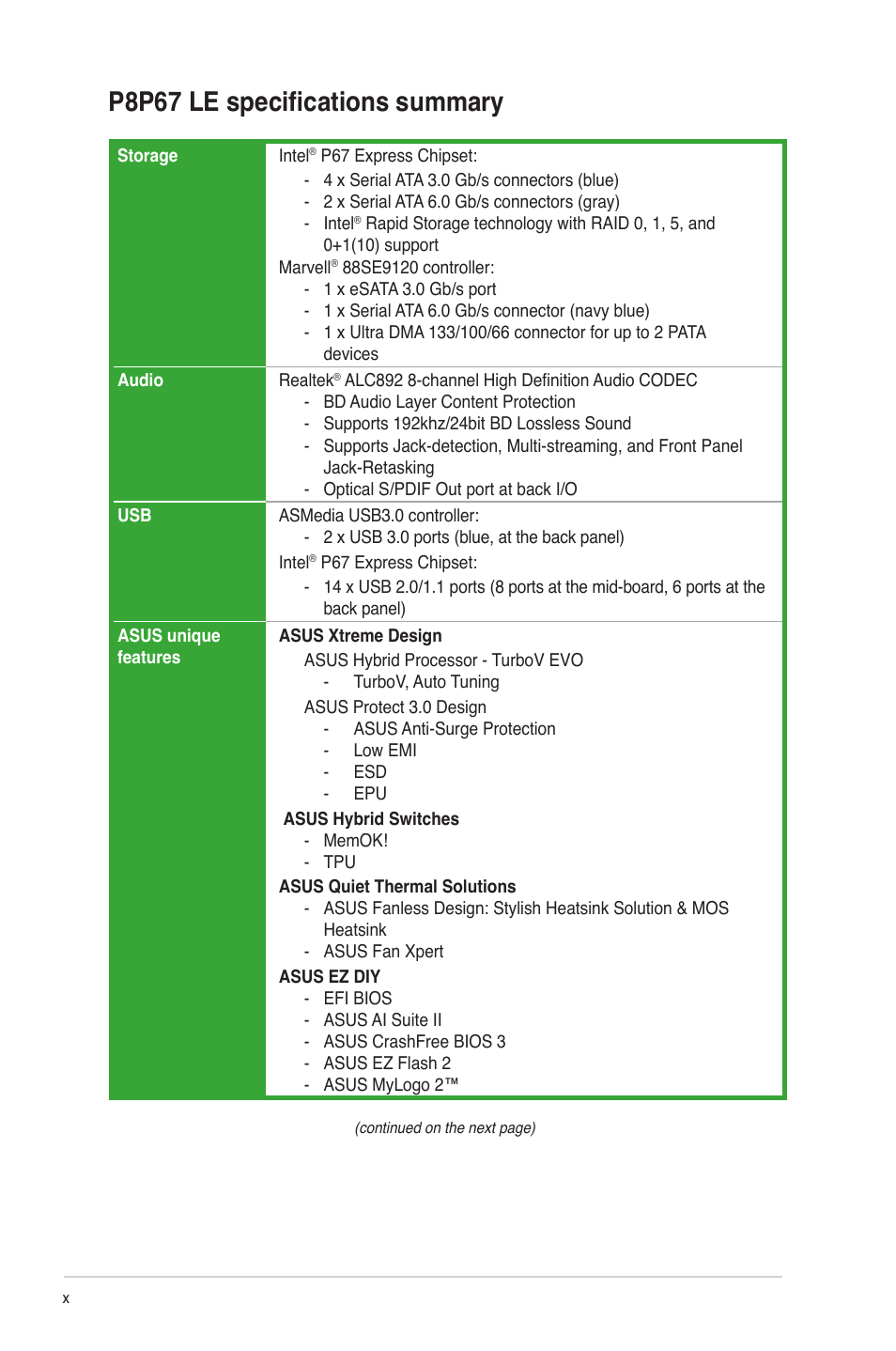 P8p67 le specifications summary | Asus P8P67 LE User Manual | Page 10 / 84