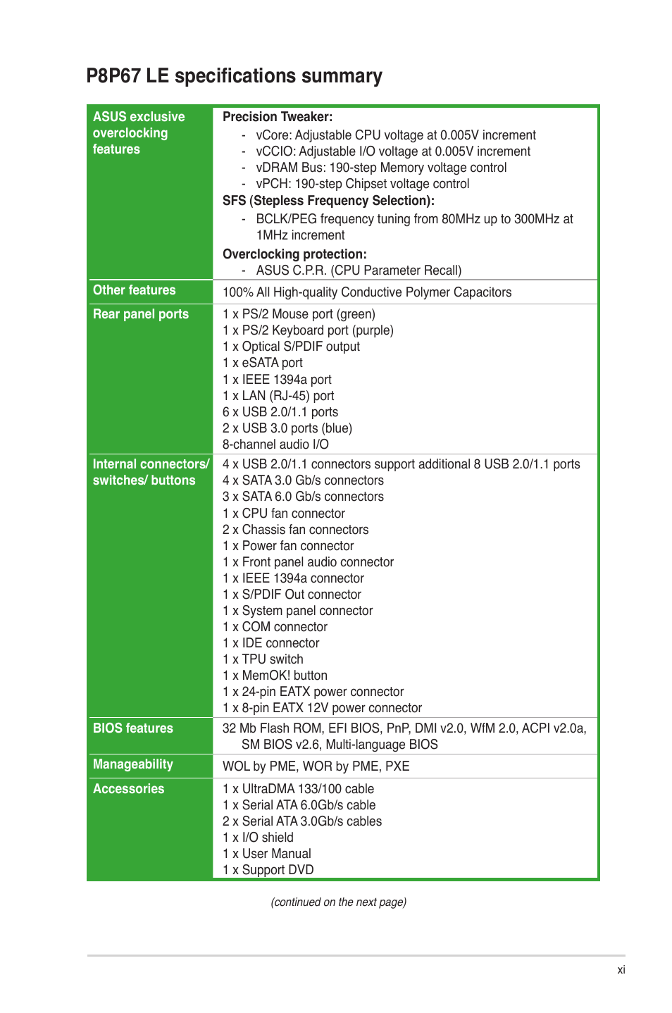 P8p67 le specifications summary | Asus P8P67 LE User Manual | Page 11 / 84
