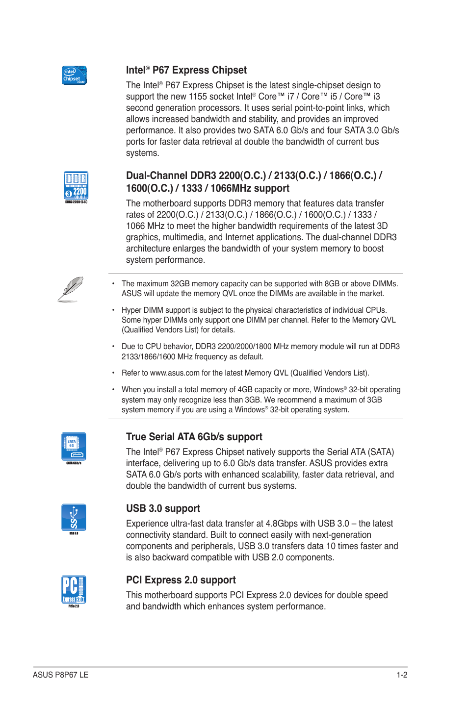 Intel, P67 express chipset, True serial ata 6gb/s support | Usb 3.0 support, Pci express 2.0 support | Asus P8P67 LE User Manual | Page 14 / 84