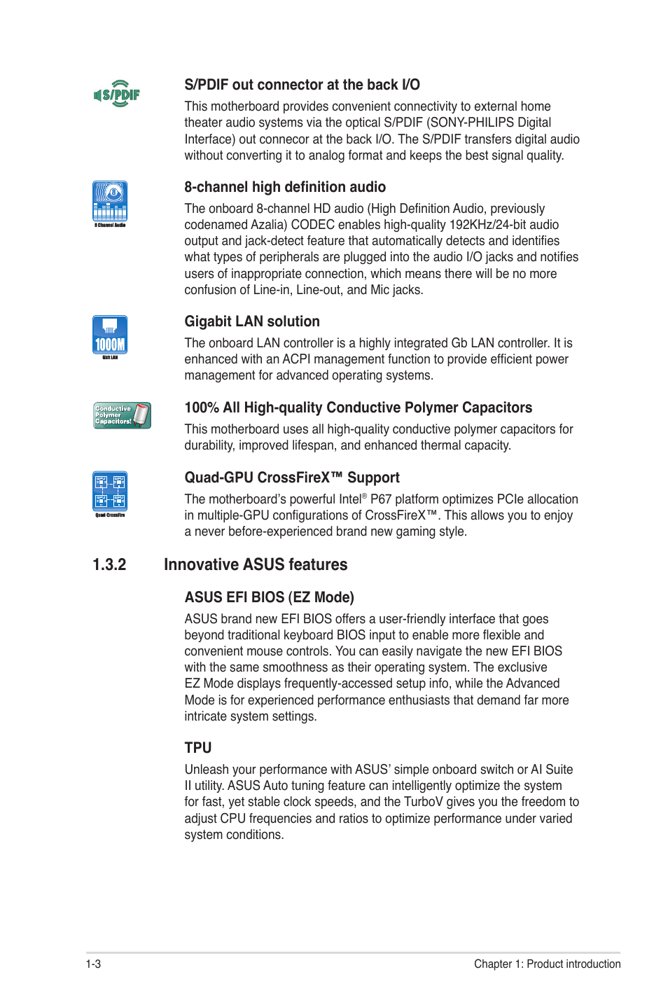 2 innovative asus features, Innovative asus features -3 | Asus P8P67 LE User Manual | Page 15 / 84