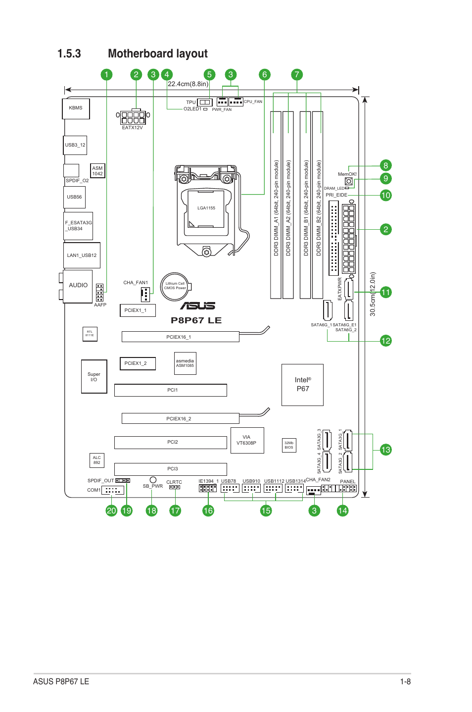 3 motherboard layout, Motherboard layout -8, P8p67 le | Asus P8P67 LE User Manual | Page 20 / 84