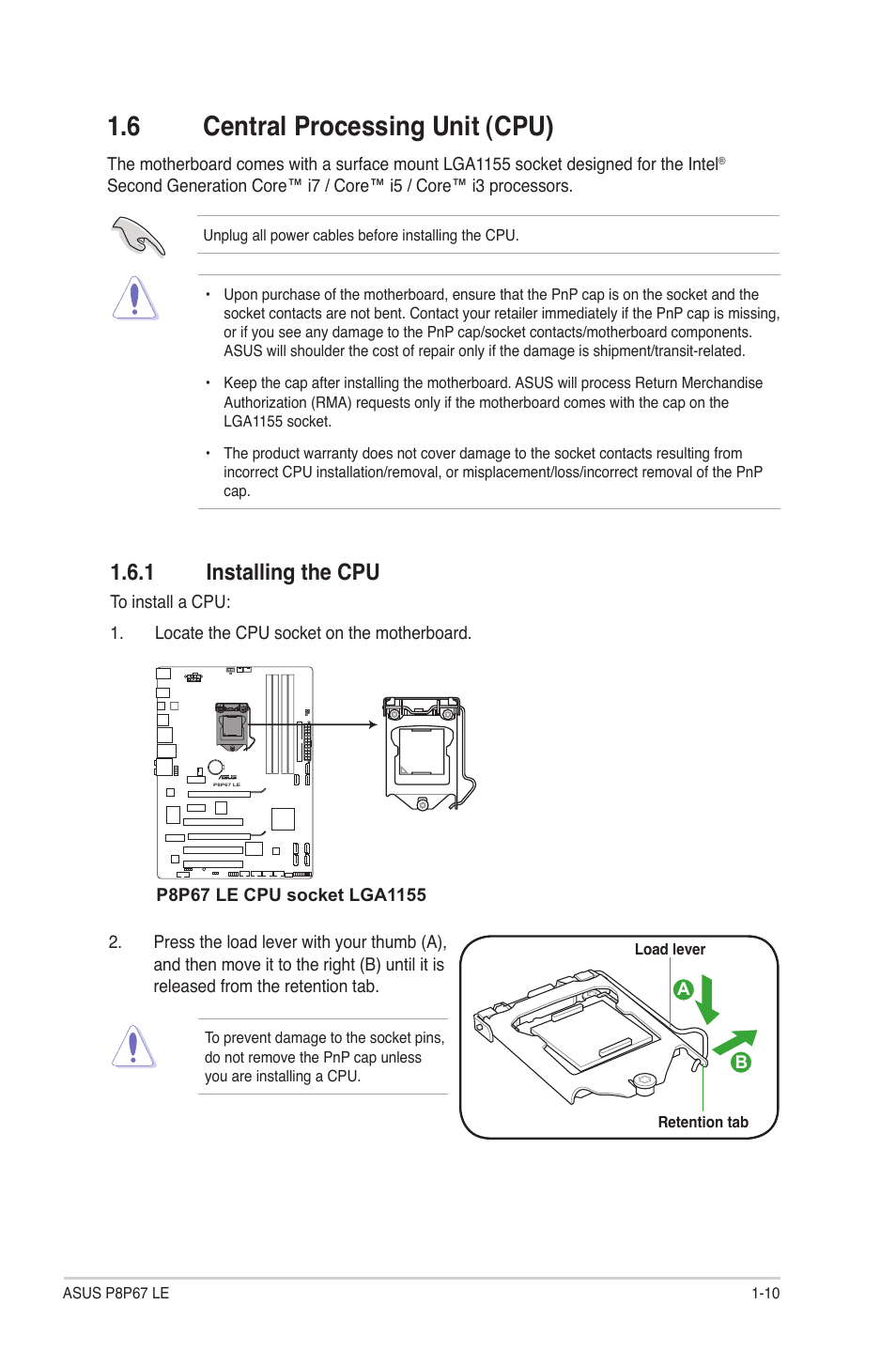 6 central processing unit (cpu), 1 installing the cpu, Central processing unit (cpu) -10 1.6.1 | Installing the cpu -10 | Asus P8P67 LE User Manual | Page 22 / 84