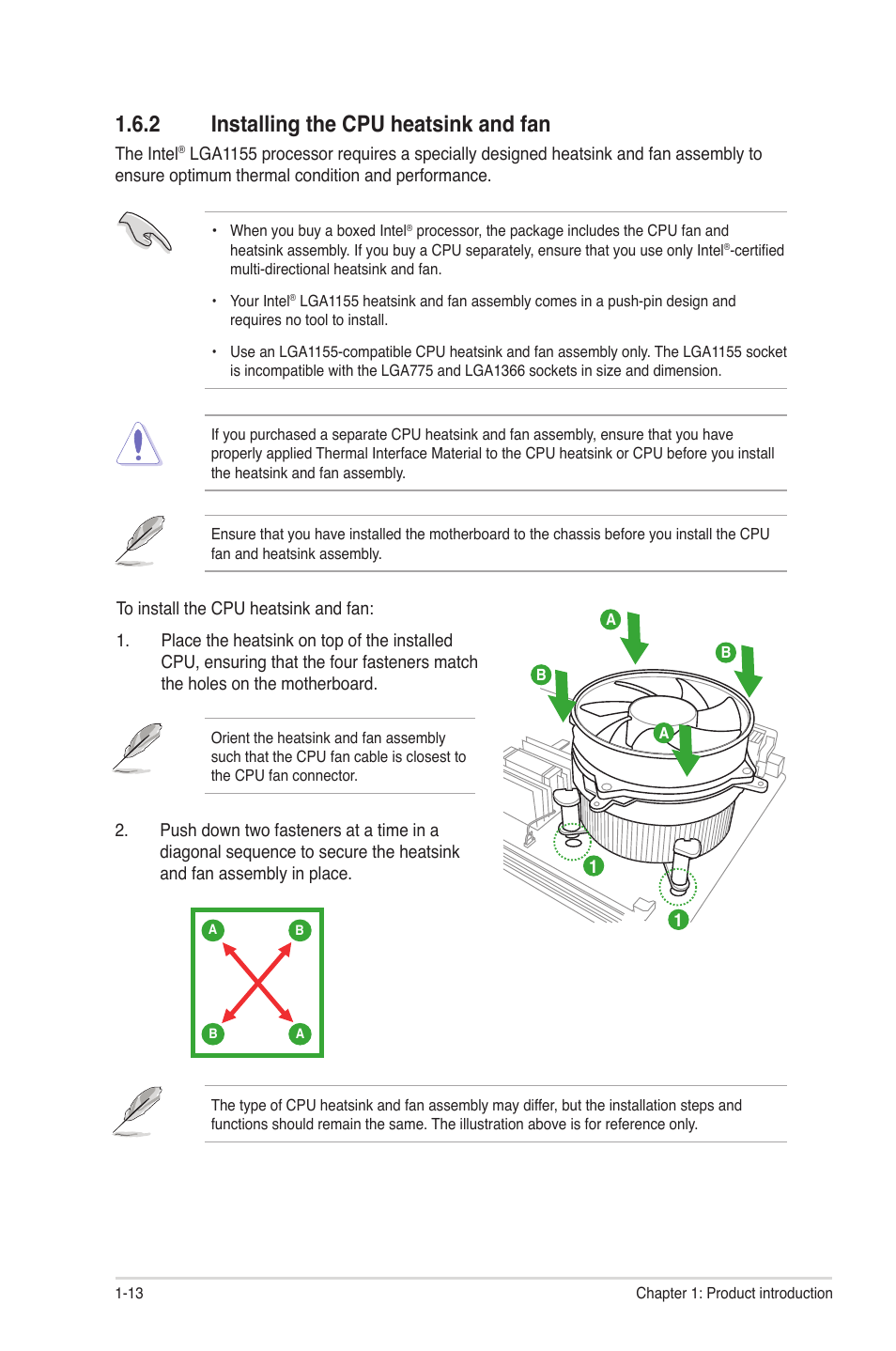 2 installing the cpu heatsink and fan, Installing the cpu heatsink and fan -13 | Asus P8P67 LE User Manual | Page 25 / 84