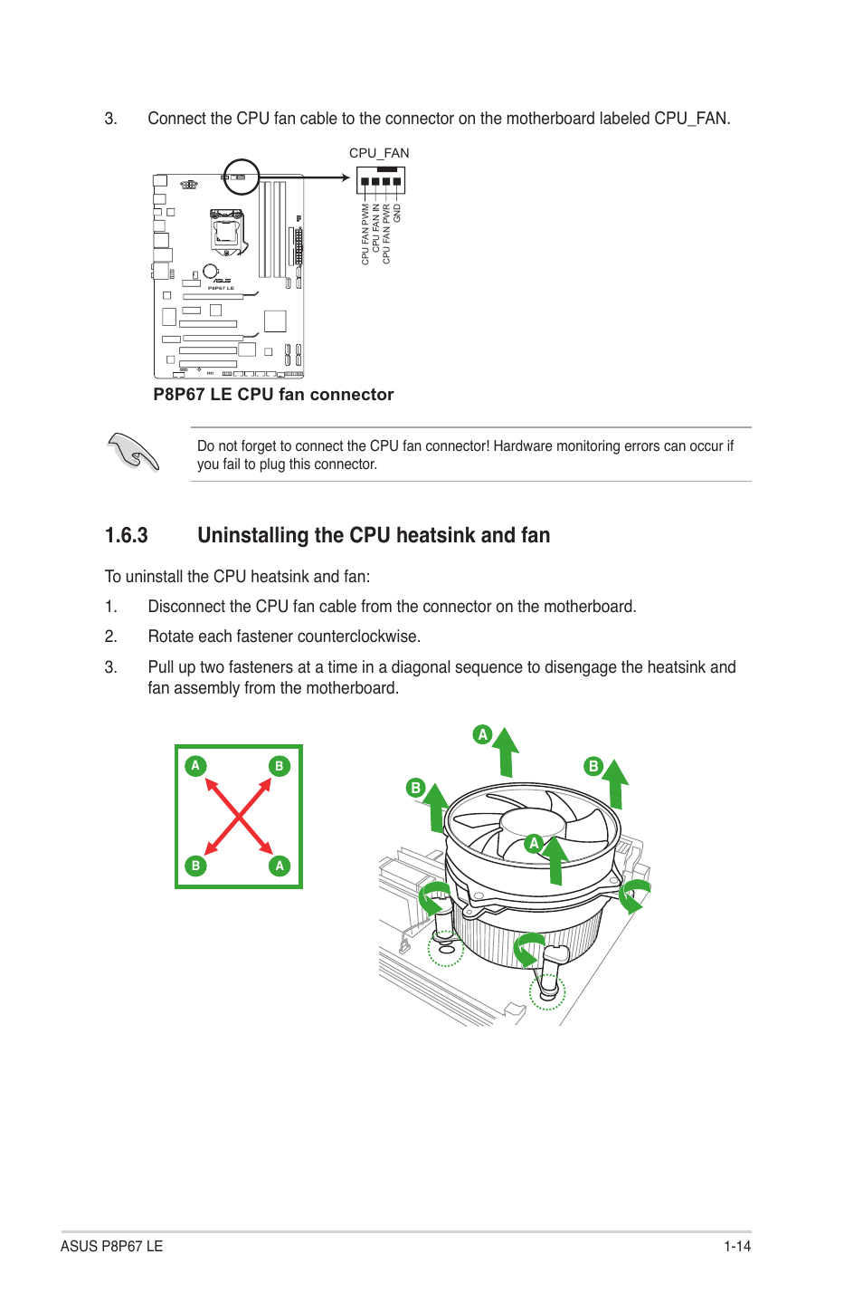 3 uninstalling the cpu heatsink and fan, Uninstalling the cpu heatsink and fan -14, P8p67 le cpu fan connector | Asus P8P67 LE User Manual | Page 26 / 84