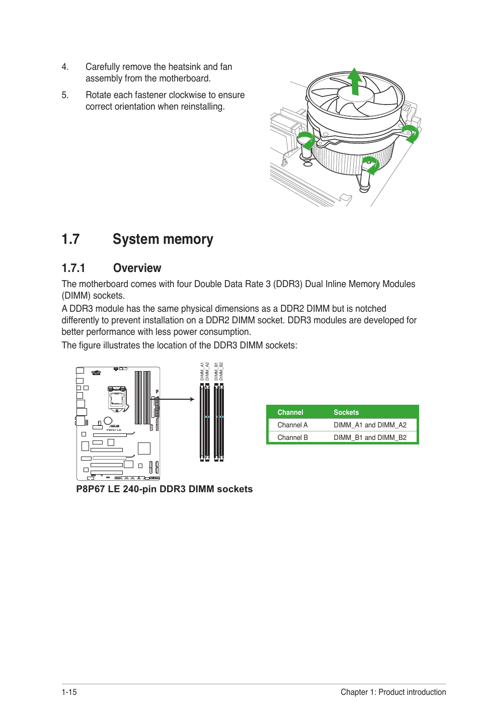 7 system memory, 1 overview, System memory -15 1.7.1 | Overview -15 | Asus P8P67 LE User Manual | Page 27 / 84