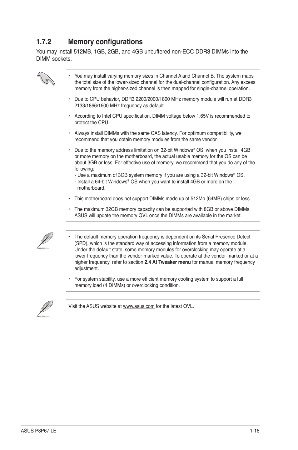 2 memory configurations, Memory configurations -16 | Asus P8P67 LE User Manual | Page 28 / 84