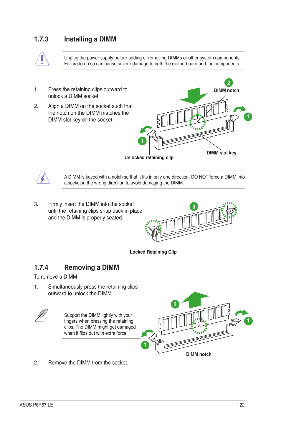 3 installing a dimm, 4 removing a dimm, Installing a dimm -22 | Removing a dimm -22 | Asus P8P67 LE User Manual | Page 34 / 84