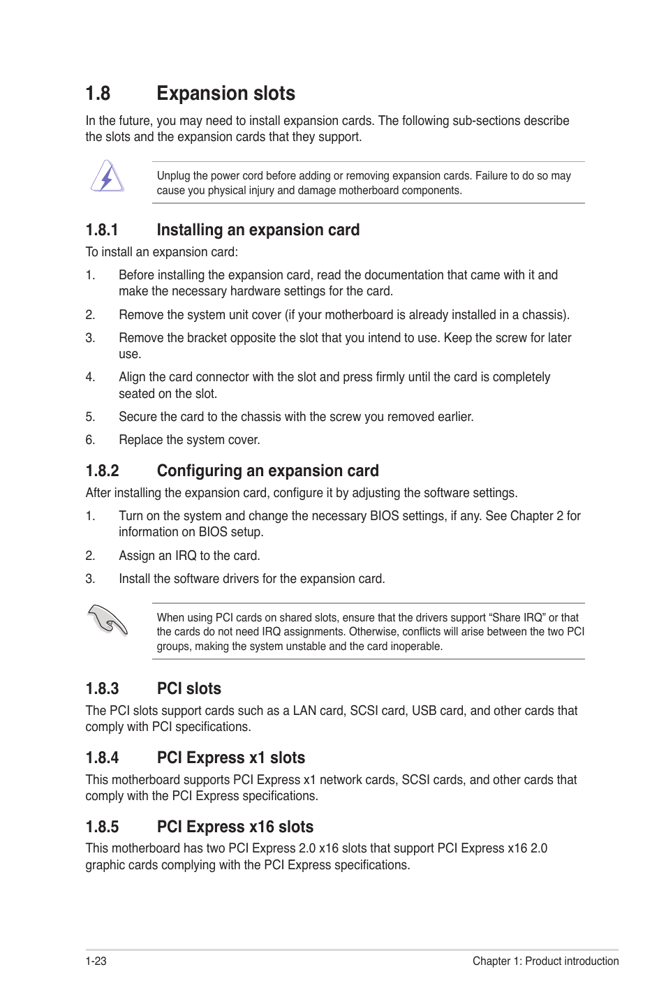 8 expansion slots, 1 installing an expansion card, 2 configuring an expansion card | 3 pci slots, 4 pci express x1 slots, 5 pci express x16 slots, Expansion slots -23 1.8.1, Installing an expansion card -23, Configuring an expansion card -23, Pci slots -23 | Asus P8P67 LE User Manual | Page 35 / 84