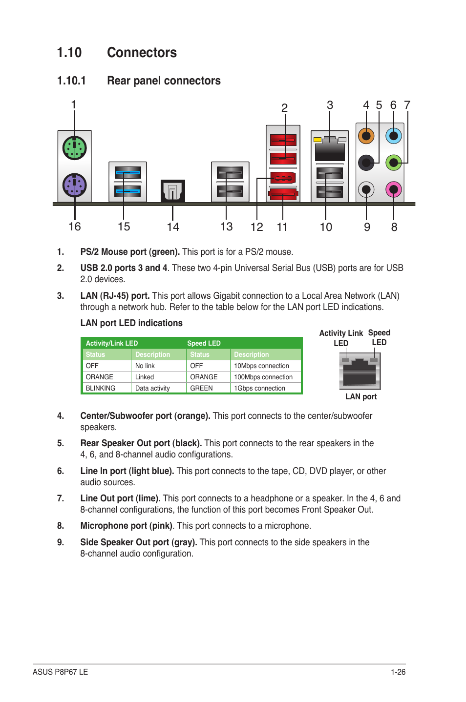 10 connectors, 1 rear panel connectors, 10 connectors -26 | 1 rear panel connectors -26 | Asus P8P67 LE User Manual | Page 38 / 84