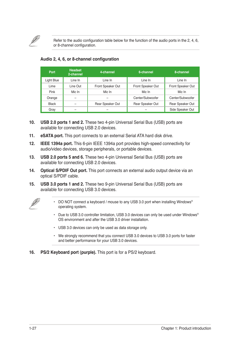 Audio 2, 4, 6, or 8-channel configuration | Asus P8P67 LE User Manual | Page 39 / 84