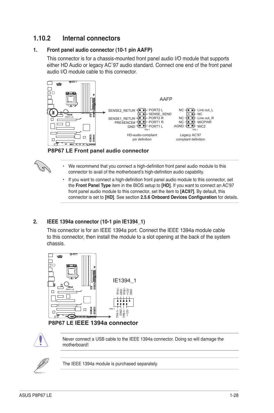 2 internal connectors, 2 internal connectors -28, Ieee 1394a connector | P8p67 le front panel audio connector, P8p67 le | Asus P8P67 LE User Manual | Page 40 / 84