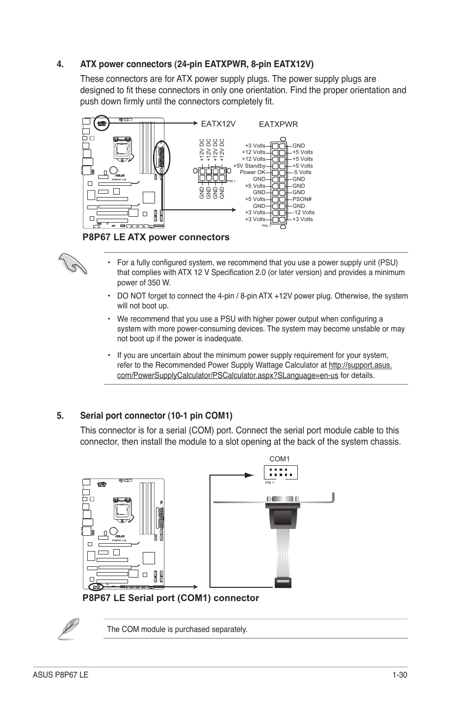 P8p67 le atx power connectors, P8p67 le serial port (com1) connector | Asus P8P67 LE User Manual | Page 42 / 84