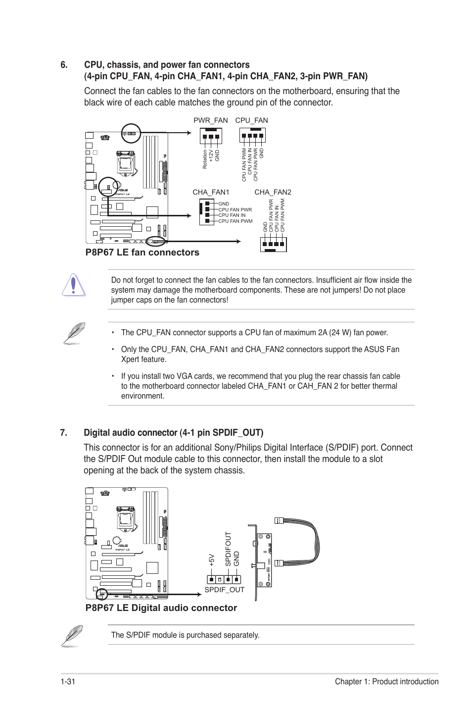 P8p67 le fan connectors, P8p67 le digital audio connector | Asus P8P67 LE User Manual | Page 43 / 84