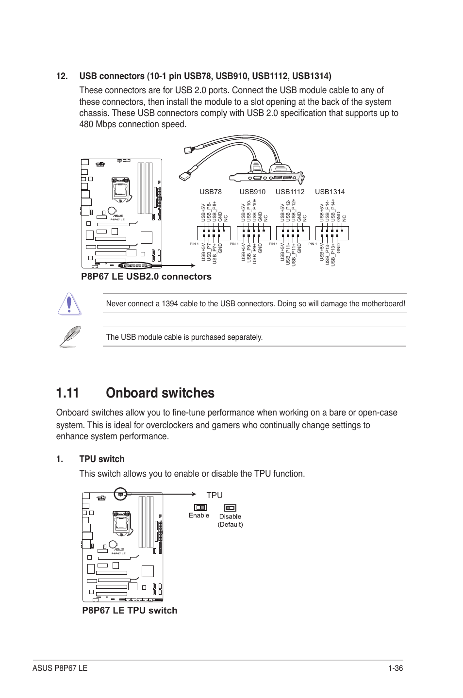 11 onboard switches, 11 onboard switches -36, P8p67 le tpu switch | Asus P8P67 LE User Manual | Page 48 / 84