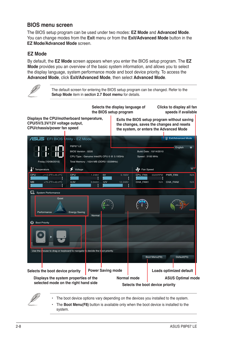 Bios menu screen, Ez mode, 8 asus p8p67 le | Asus P8P67 LE User Manual | Page 60 / 84