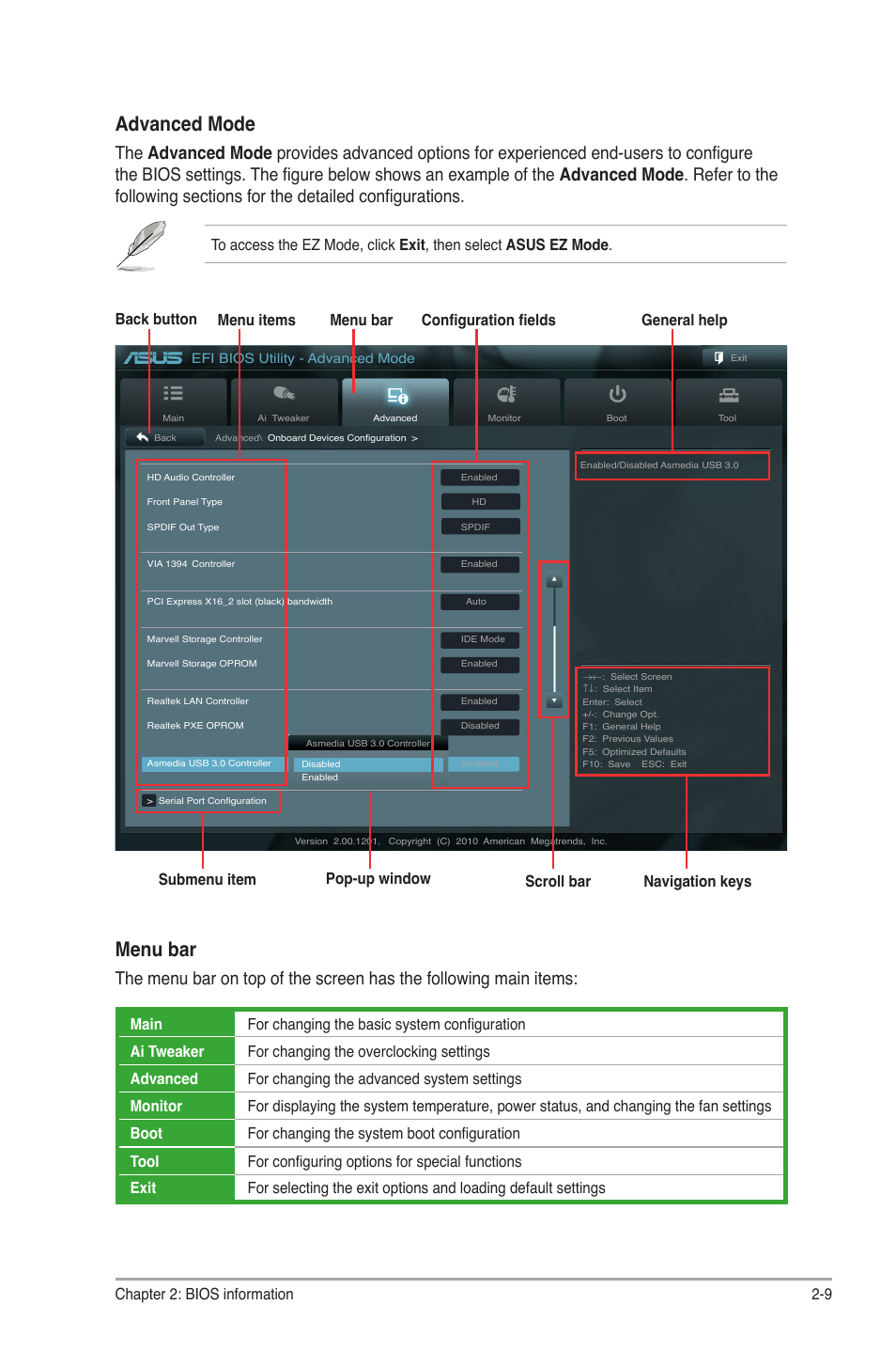 Advanced mode, Menu bar, Chapter 2: bios information 2-9 | Back button | Asus P8P67 LE User Manual | Page 61 / 84