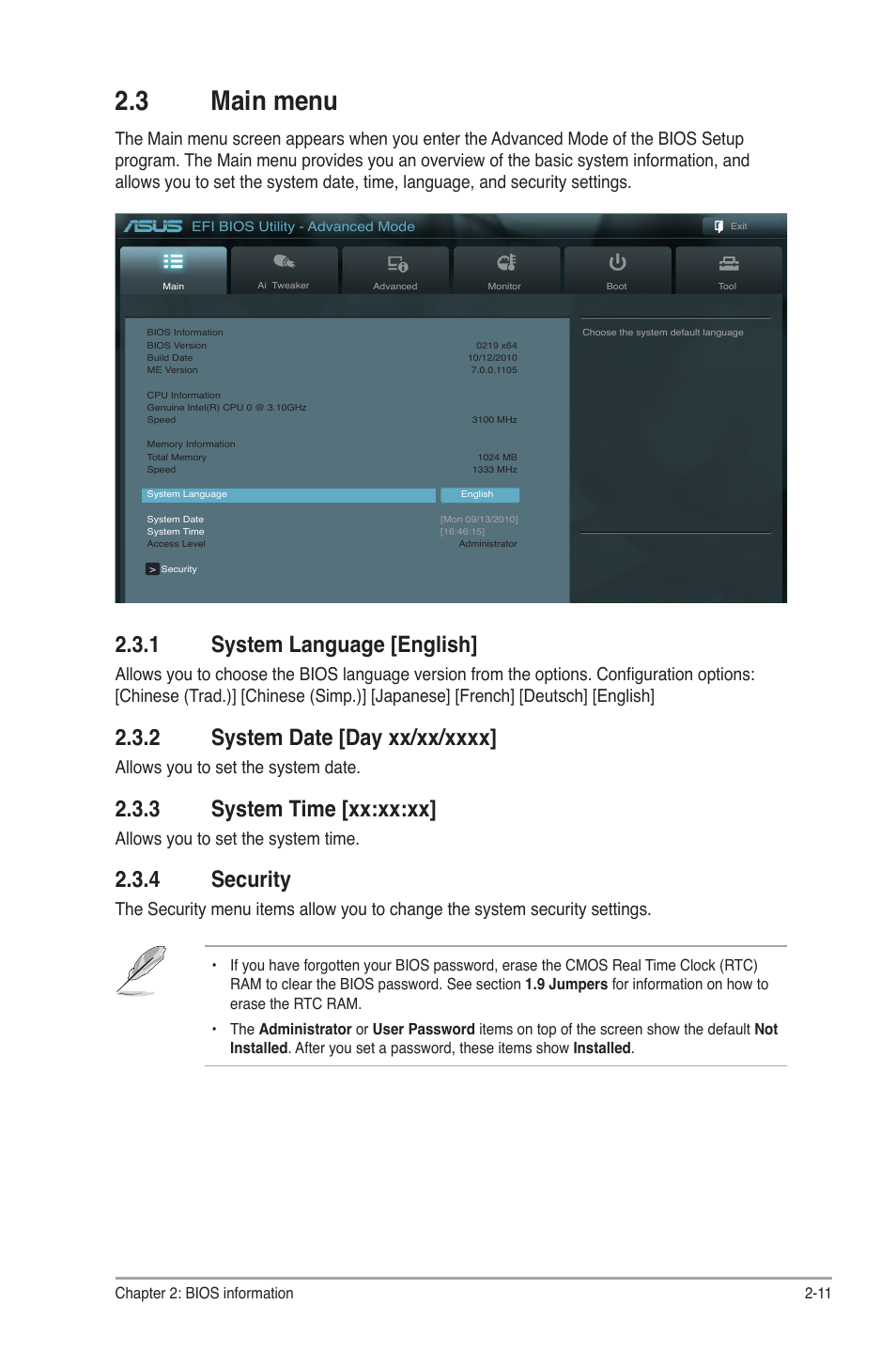 3 main menu, 1 system language, 2 system date | 3 system time, 4 security, Main menu -11 2.3.1, System language -11, System date -11, System time -11, Security -11 | Asus P8P67 LE User Manual | Page 63 / 84