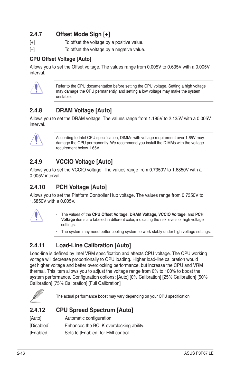 7 offset mode sign, 8 dram voltage, 9 vccio voltage | 10 pch voltage, 11 load-line calibration, 12 cpu spread spectrum, Offset mode sign -16, Dram voltage -16, Vccio voltage -16, 8 dram voltage [auto | Asus P8P67 LE User Manual | Page 68 / 84