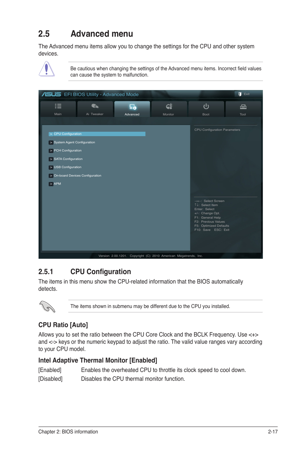 5 advanced menu, 1 cpu configuration, Advanced menu -17 2.5.1 | Cpu configuration -17, Cpu ratio [auto, Intel adaptive thermal monitor [enabled | Asus P8P67 LE User Manual | Page 69 / 84