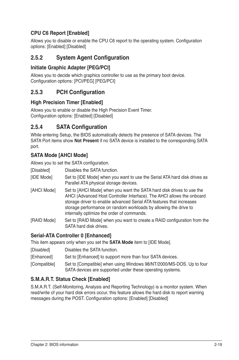 2 system agent configuration, 3 pch configuration, 4 sata configuration | System agent configuration -19, Pch configuration -19, Sata configuration -19 | Asus P8P67 LE User Manual | Page 71 / 84