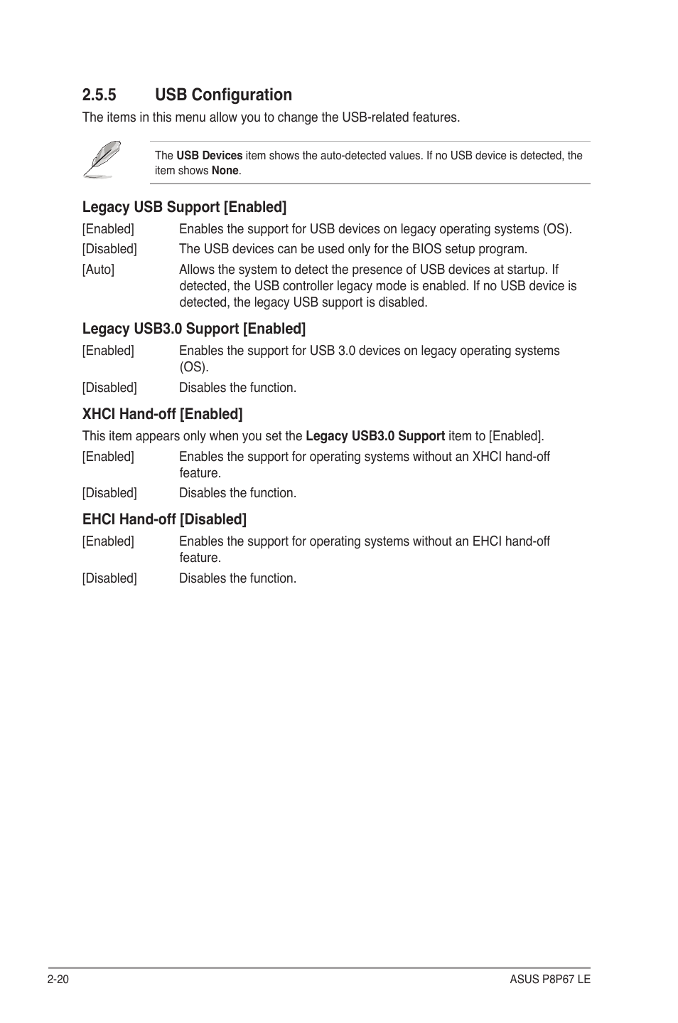 5 usb configuration, Usb configuration -20 | Asus P8P67 LE User Manual | Page 72 / 84