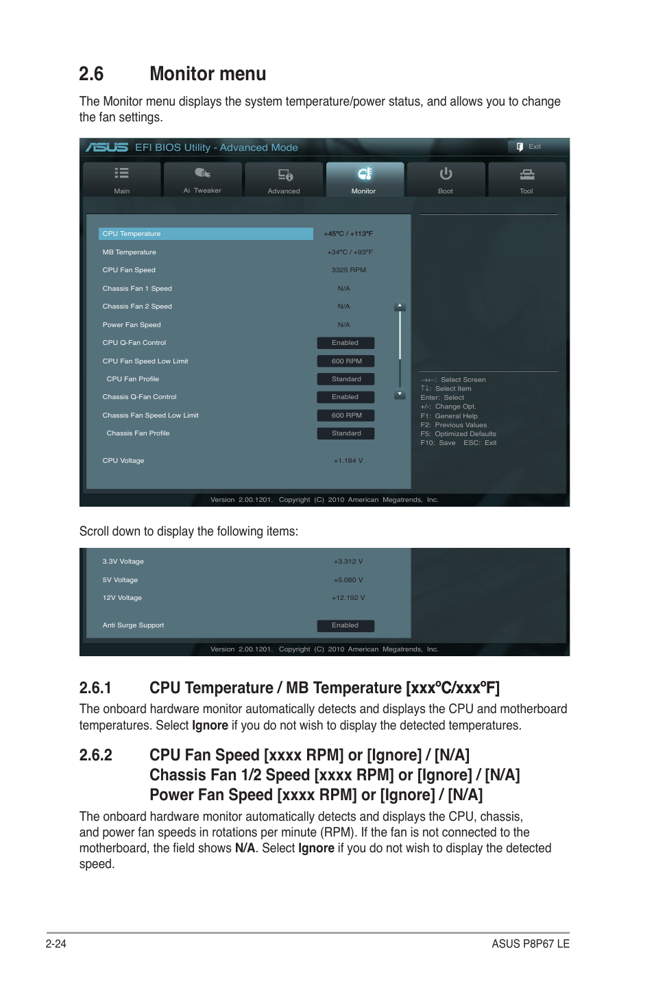 6 monitor menu, 1 cpu temperature / mb temperature, 2 cpu fan / chassis fan 1/2 / power fan speed | Monitor menu -24 2.6.1, Cpu temperature / mb temperature -24, Cpu fan / chassis fan 1/2 / power fan speed -24 | Asus P8P67 LE User Manual | Page 76 / 84