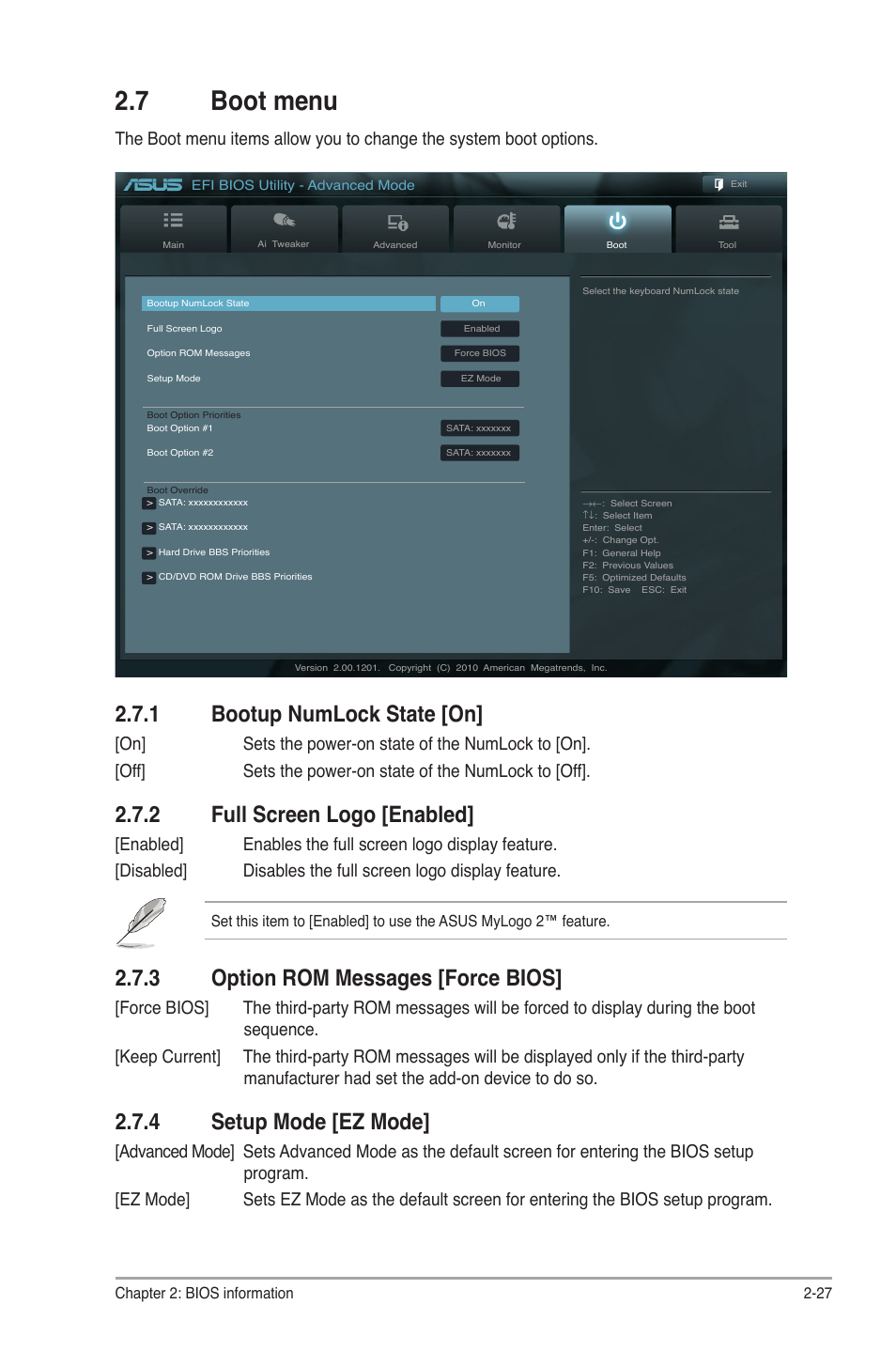 7 boot menu, 1 bootup numlock state, 2 full screen logo | 3 option rom messages, 4 setup mode, Boot menu -27 2.7.1, Bootup numlock state -27, Full screen logo -27, Option rom messages -27, Setup mode -27 | Asus P8P67 LE User Manual | Page 79 / 84