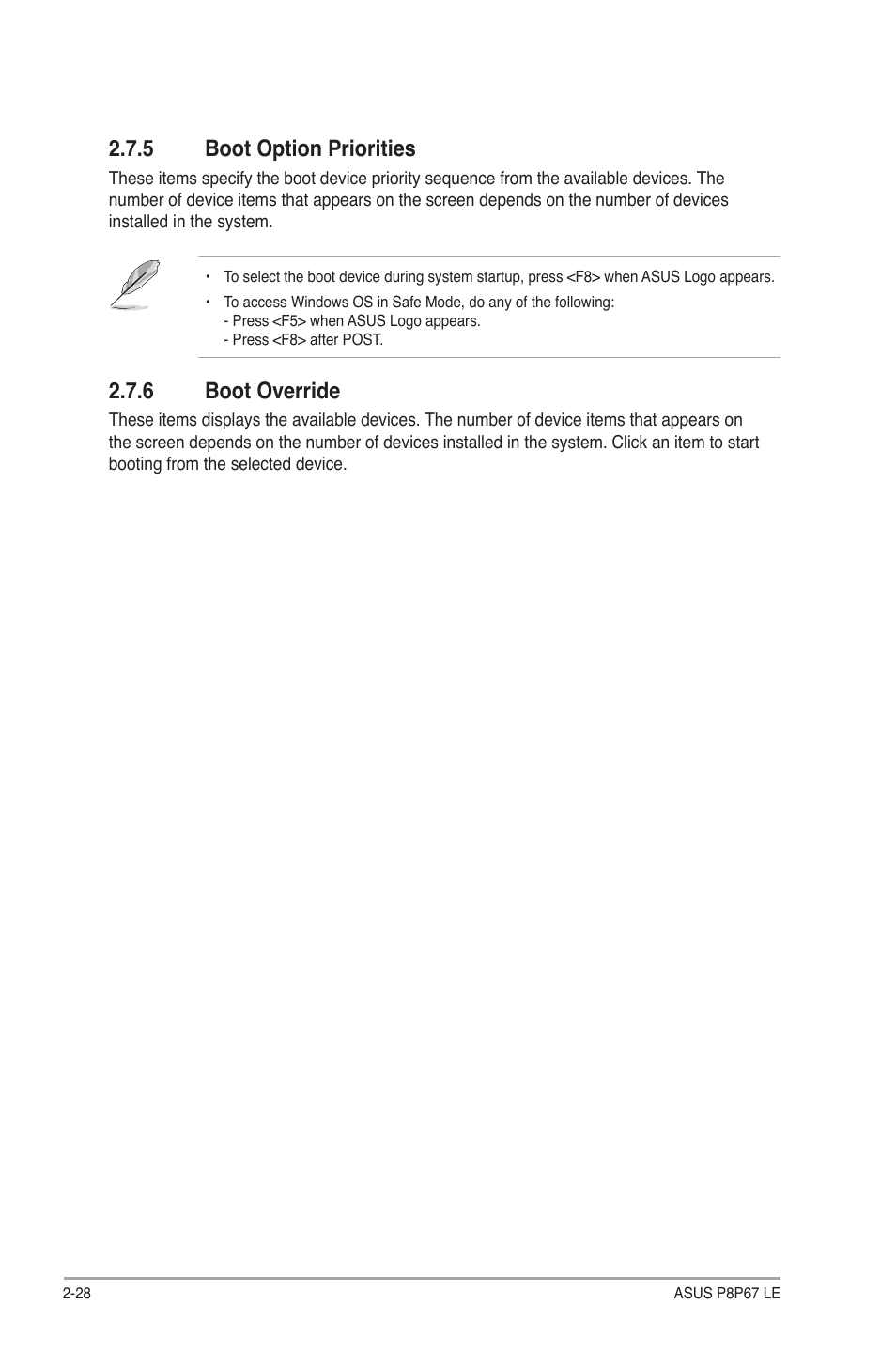5 boot option priorities, 6 boot override, Boot option priorities -28 | Boot override -28 | Asus P8P67 LE User Manual | Page 80 / 84