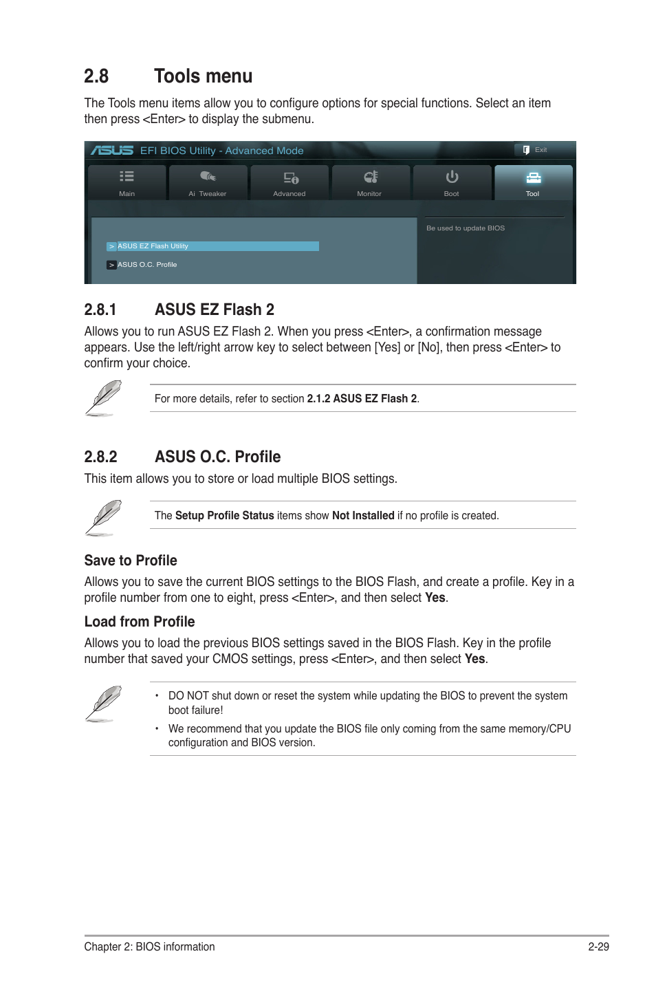 8 tools menu, 1 asus ez flash 2, 2 asus o.c. profile | Tools menu -29 2.8.1, Asus ez flash 2 -29, Asus o.c. profile -29, Save to profile, Load from profile | Asus P8P67 LE User Manual | Page 81 / 84