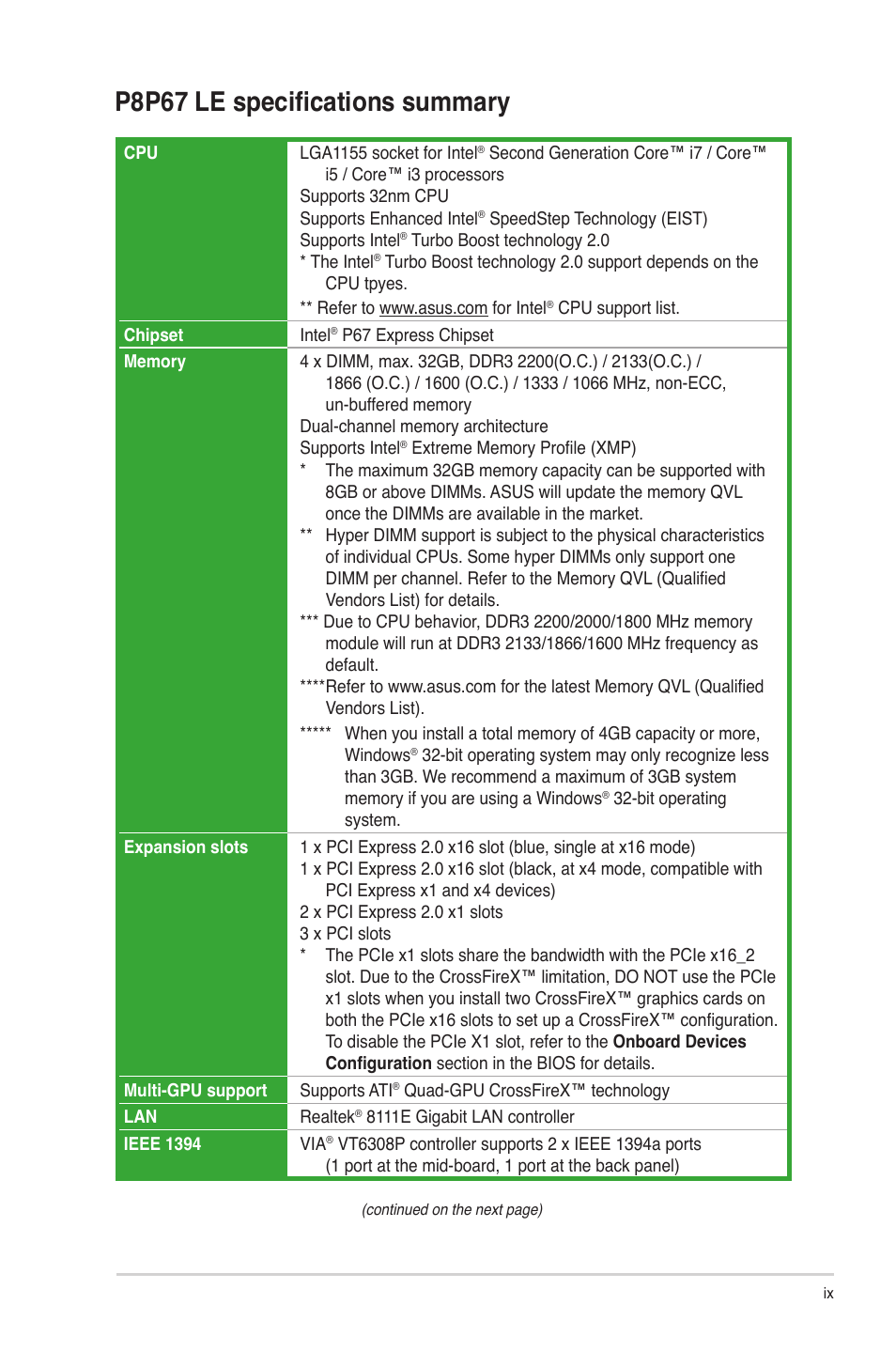 P8p67 le specifications summary | Asus P8P67 LE User Manual | Page 9 / 84