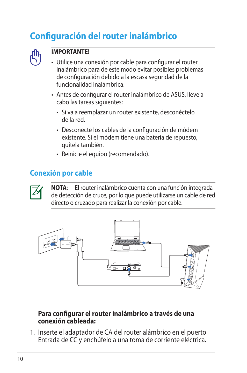 Configuración del router inalámbrico, Conexión por cable | Asus RT-N65R User Manual | Page 10 / 70