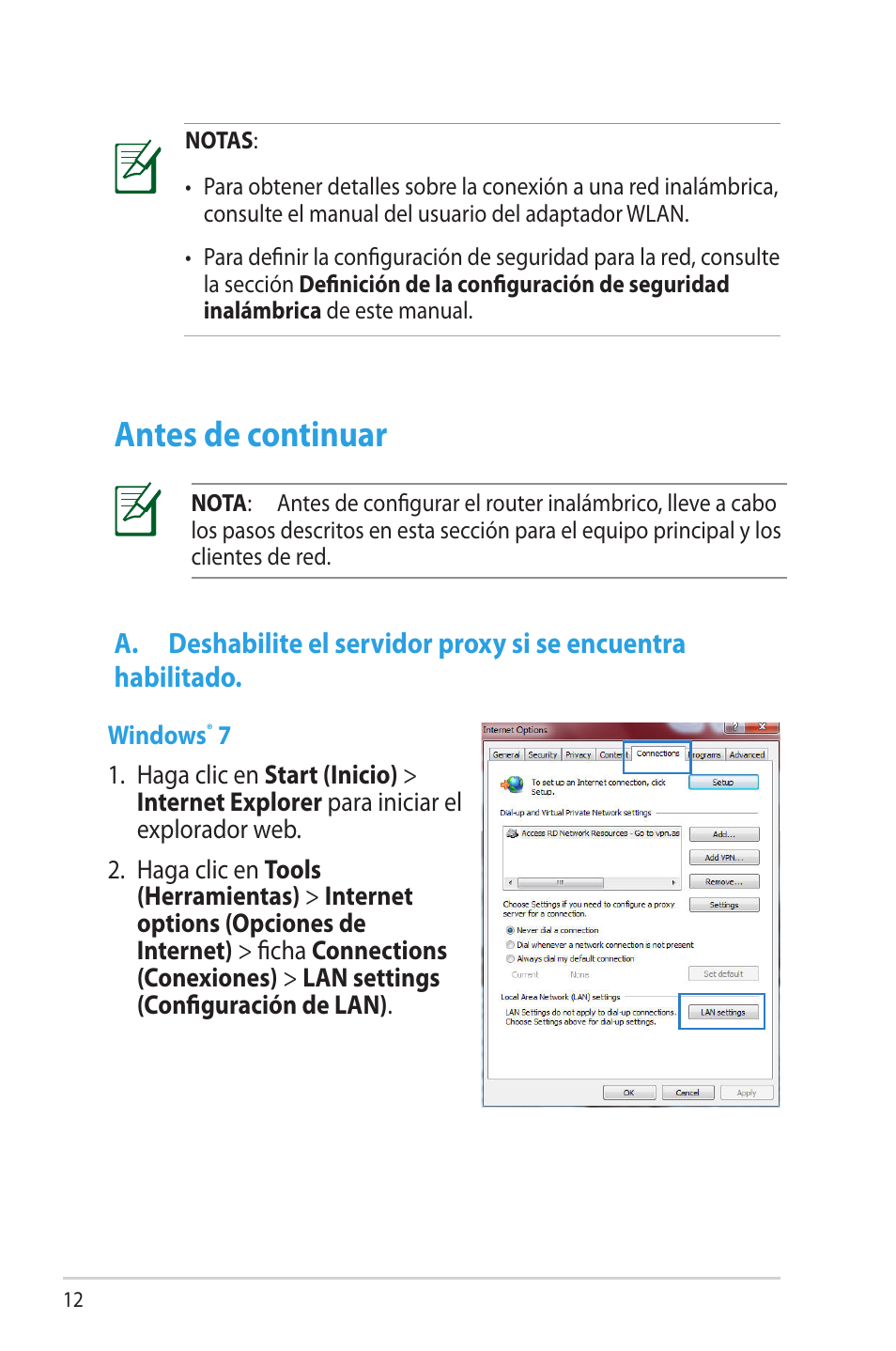 Antes de continuar, A. deshabilite el servidor proxy si se encuentra, Habilitado | Asus RT-N65R User Manual | Page 12 / 70