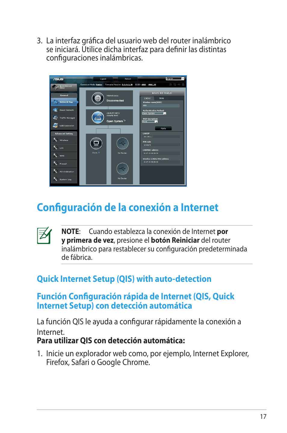 Configuración de la conexión a internet, Quick internet setup (qis) with auto-detection | Asus RT-N65R User Manual | Page 17 / 70