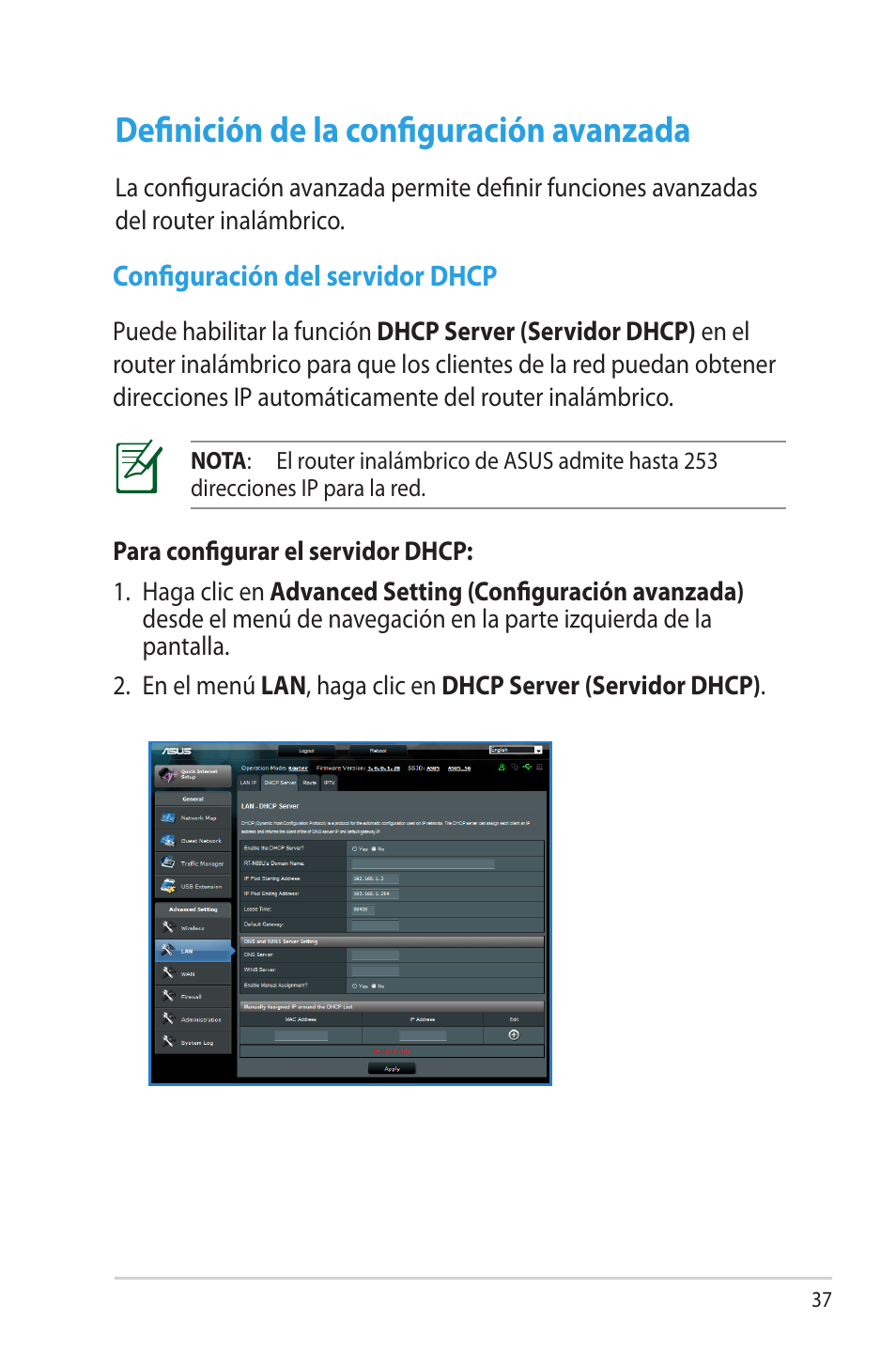 Definición de la configuración avanzada, Configuración del servidor dhcp | Asus RT-N65R User Manual | Page 37 / 70