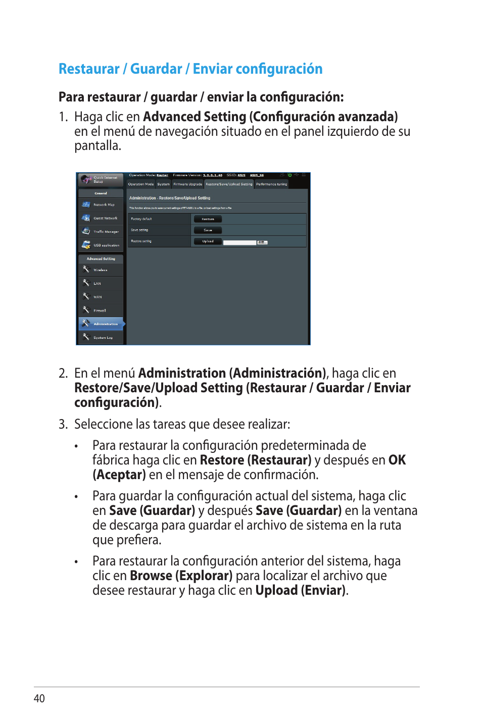 Restaurar / guardar / enviar configuración | Asus RT-N65R User Manual | Page 40 / 70